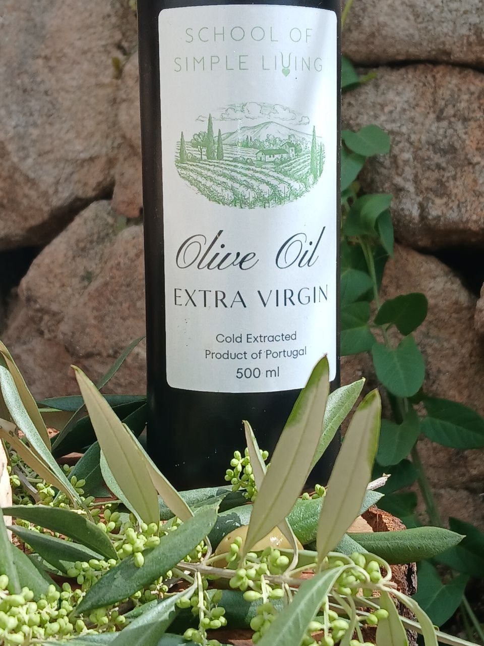 School of Simple Living Olive Oil label — Extra Virgin, Cold Extracted, Portugal
