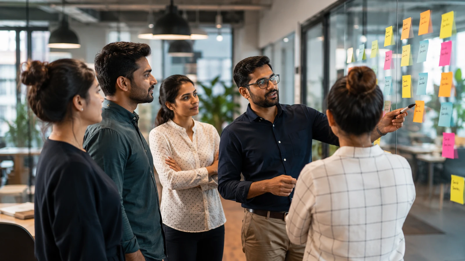 Agile team reviewing sticky notes during a daily standup.